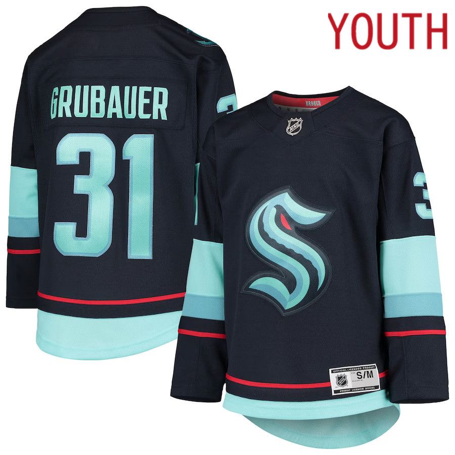 Youth Seattle Kraken #31 Philipp Grubauer Deep Sea Blue Home Premier Player NHL Jersey